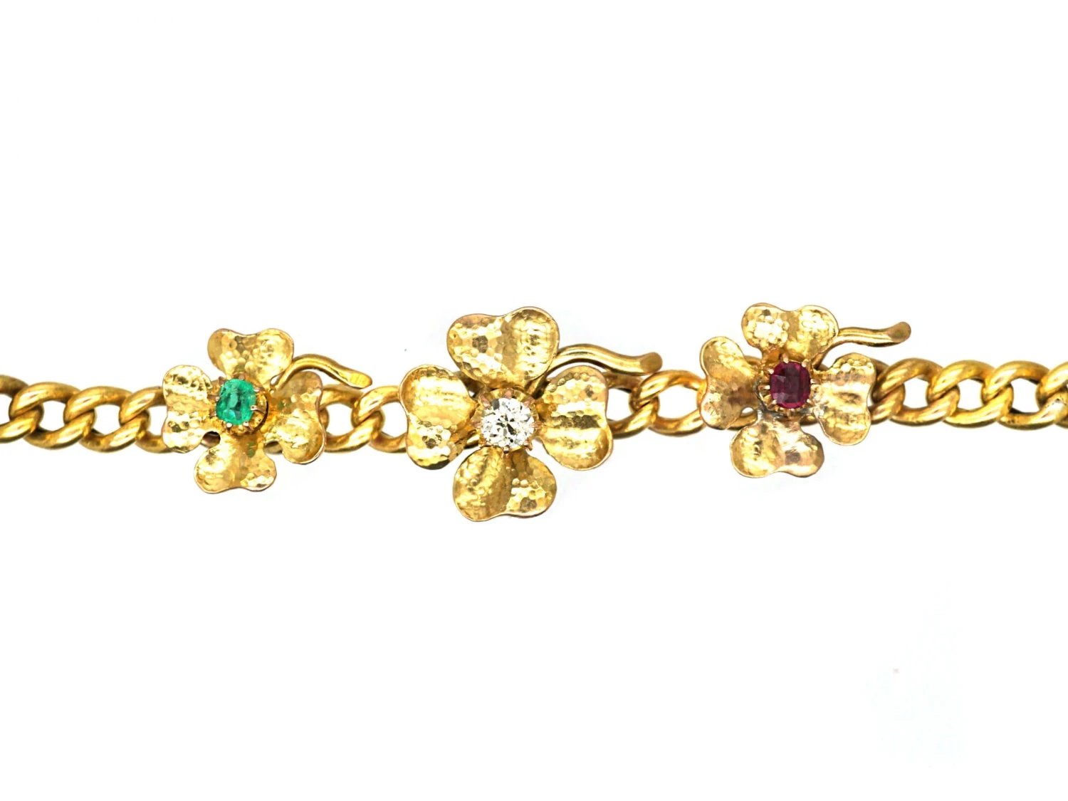 Early 20th Century 14ct Gold Bracelet With Three Four Leaf Clovers Set With A Ruby, Emerald & A Diamond 4 Early 20th Century 14ct Gold Bracelet With Three Four Leaf Clovers Set With A Ruby, Emerald & A Diamond - Image 2