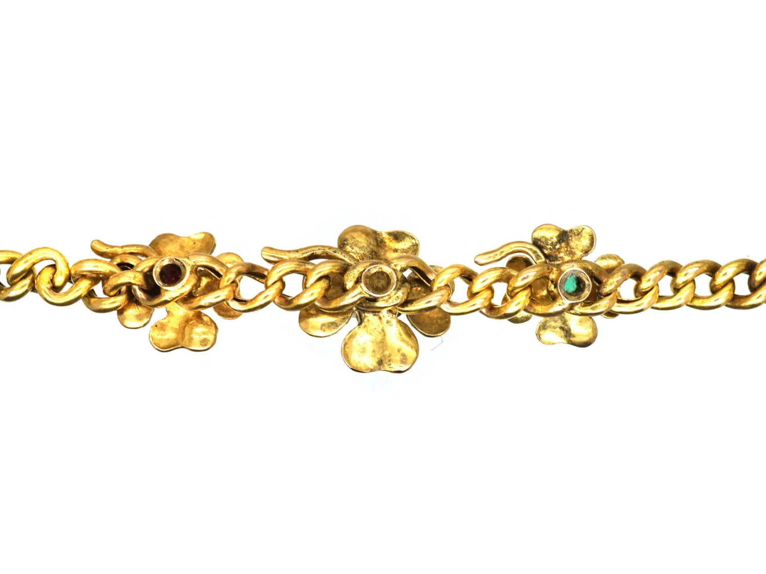 Early 20th Century 14ct Gold Bracelet With Three Four Leaf Clovers Set With A Ruby, Emerald & A Diamond 5 Early 20th Century 14ct Gold Bracelet With Three Four Leaf Clovers Set With A Ruby, Emerald & A Diamond - Image 3