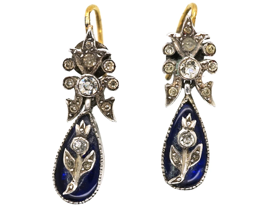 Edwardian Silver, Blue Glass & Paste Drop Flower & Bow Motif Earrings 3 Edwardian Silver, Blue Glass & Paste Drop Flower & Bow Motif Earrings
