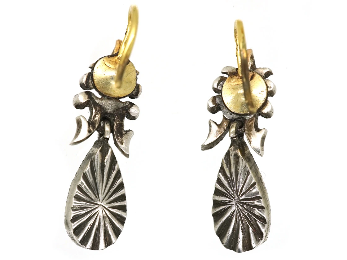 Edwardian Silver, Blue Glass & Paste Drop Flower & Bow Motif Earrings 5 Edwardian Silver, Blue Glass & Paste Drop Flower & Bow Motif Earrings - Image 3