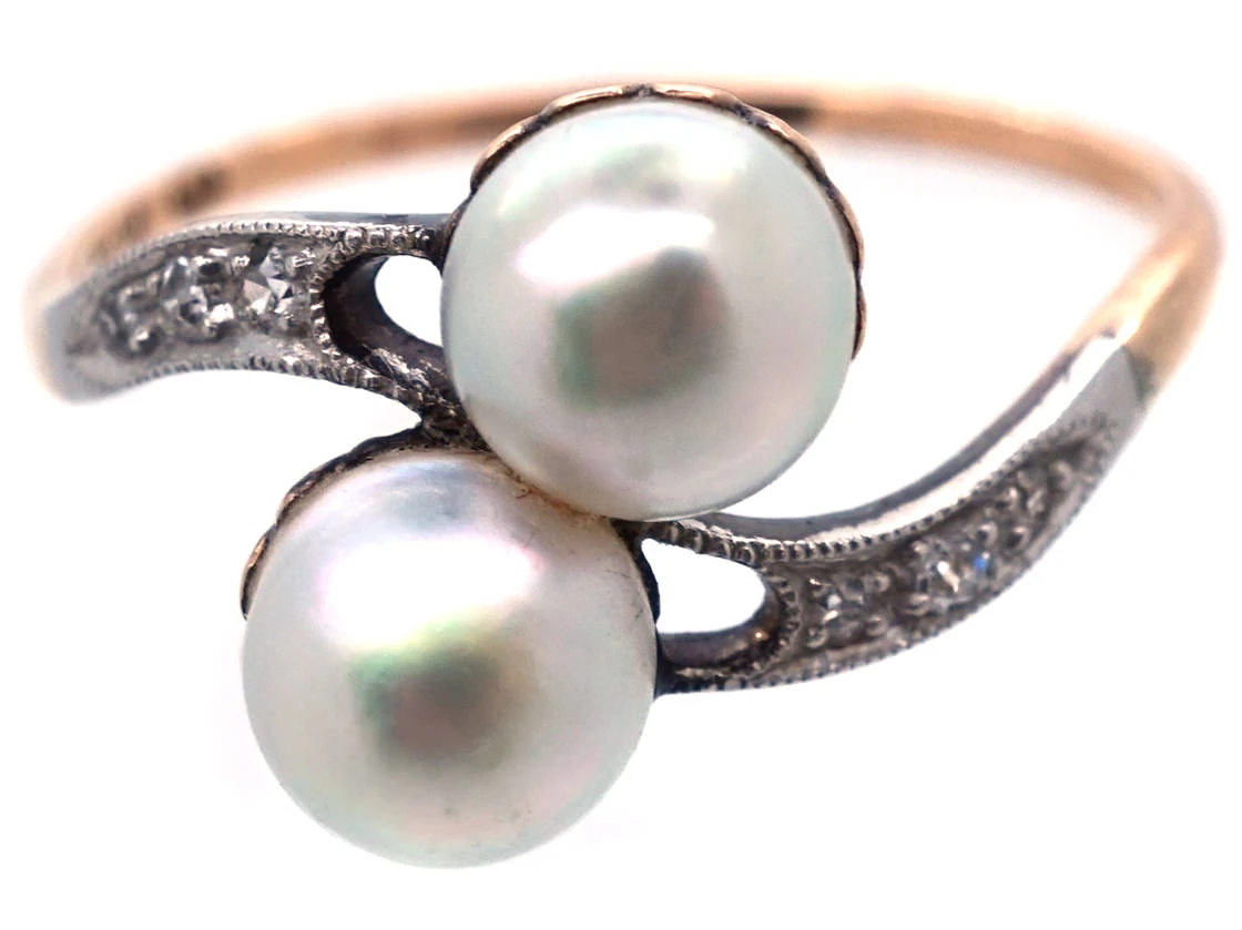 Art Nouveau Platinum & 18ct Gold, Natural Split Pearls & Diamond Ring 5 Art Nouveau Platinum & 18ct Gold, Natural Split Pearls & Diamond Ring - Image 3