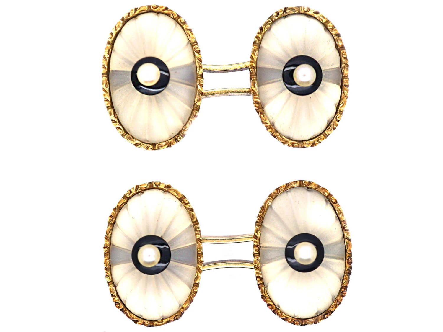 Art Deco 14ct Gold, Rock Crystal, Onyx & Natural Split Pearl Cufflinks 3 Art Deco 14ct Gold, Rock Crystal, Onyx & Natural Split Pearl Cufflinks