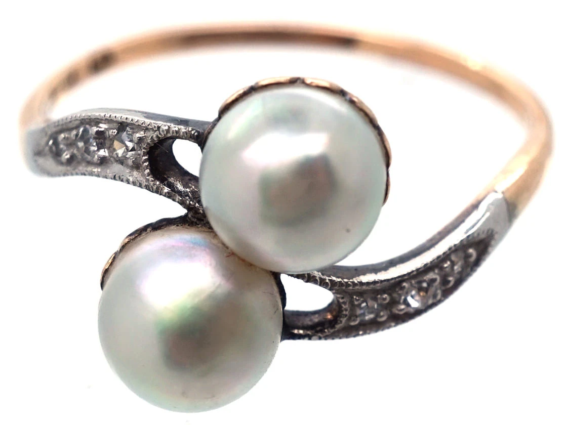 Art Nouveau Platinum & 18ct Gold, Natural Split Pearls & Diamond Ring 6 Art Nouveau Platinum & 18ct Gold, Natural Split Pearls & Diamond Ring - Image 4