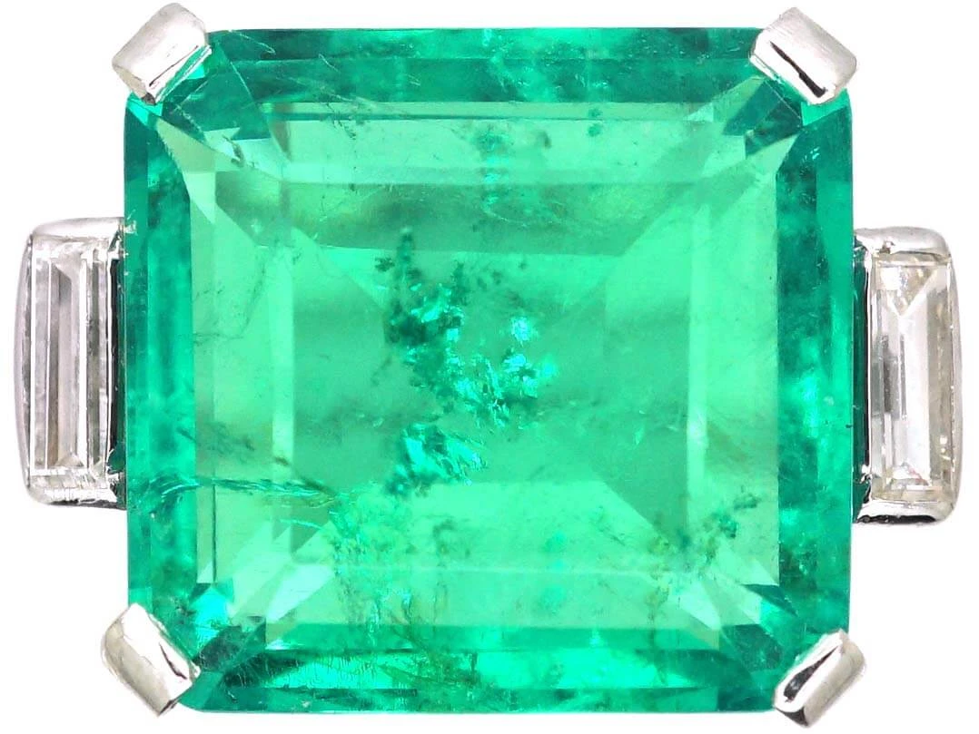 Art Deco Platinum Ring Set With A Large Colombian Emerald With Diamond Baguette Shoulders 3 Art Deco Platinum Ring Set With A Large Colombian Emerald With Diamond Baguette Shoulders