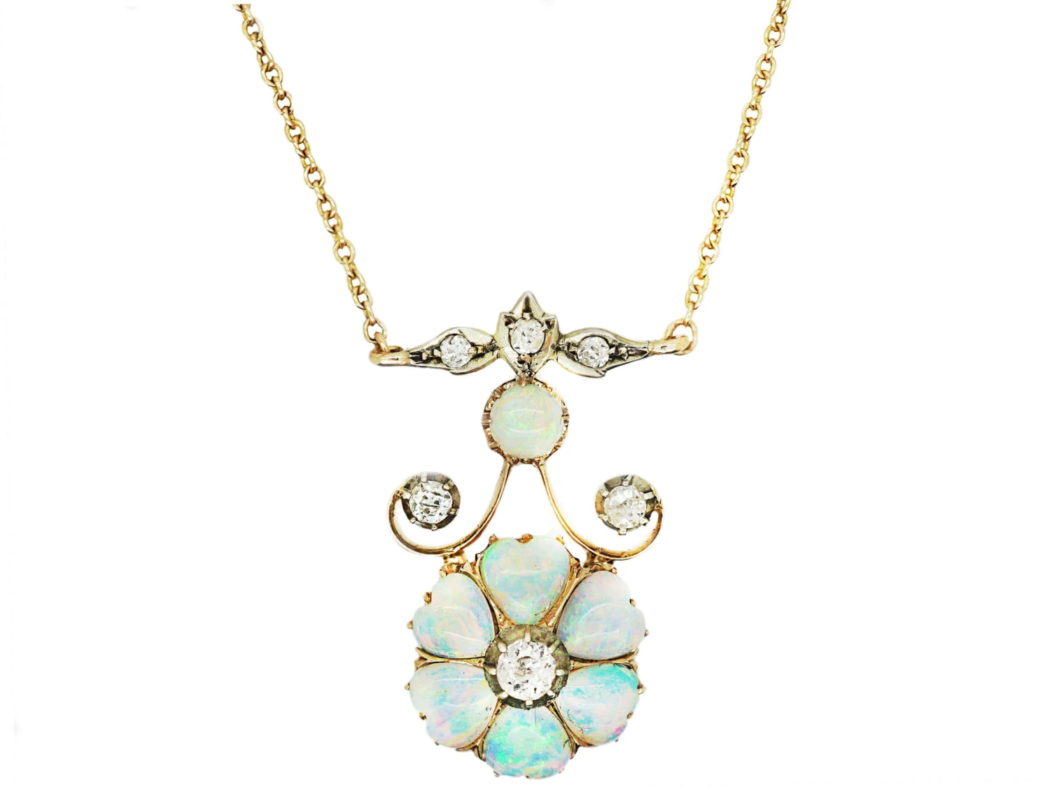 Edwardian 15ct Gold & Silver, Opal Hearts & Diamond Necklace 3 Edwardian 15ct Gold & Silver, Opal Hearts & Diamond Necklace