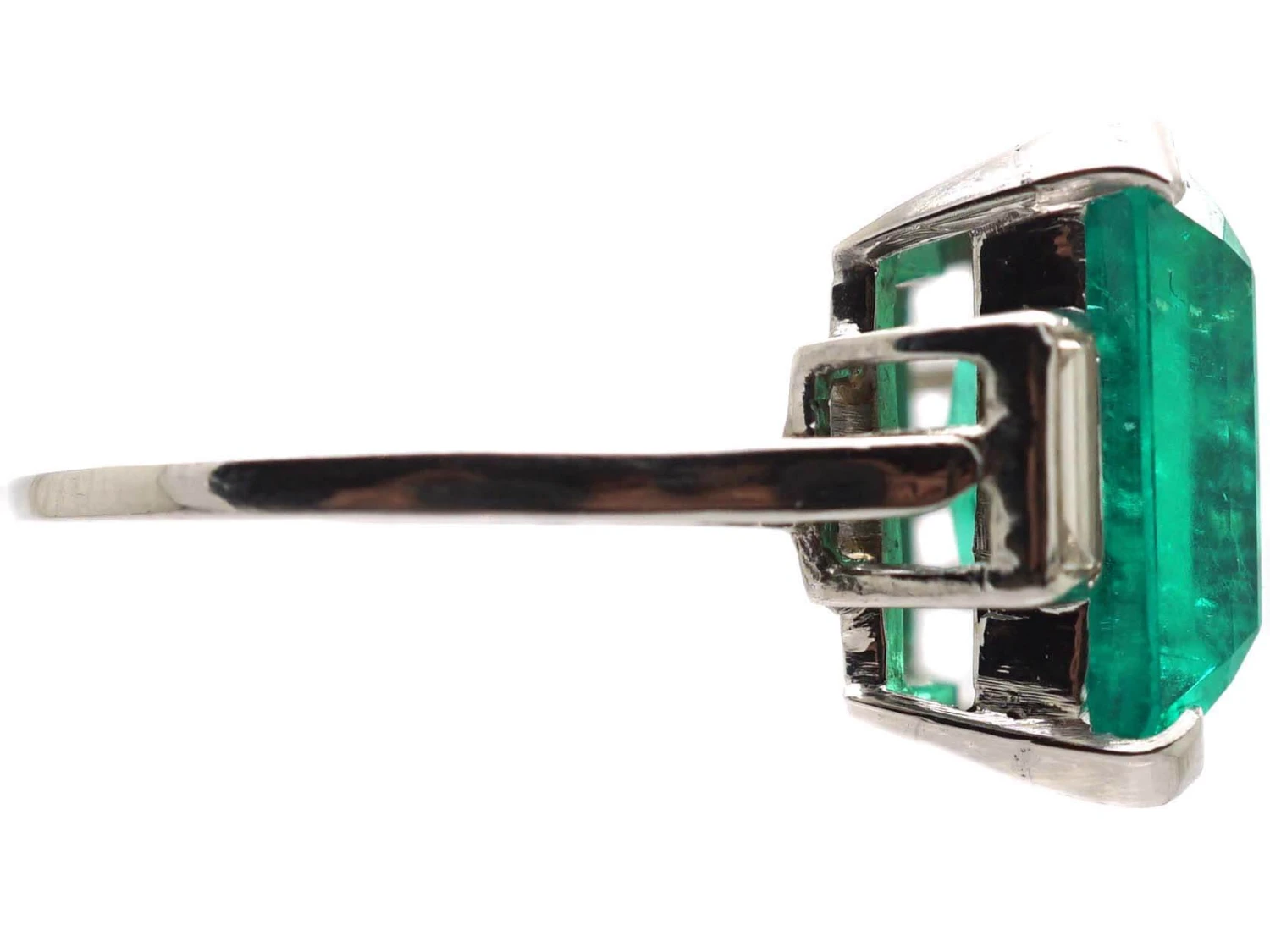 Art Deco Platinum Ring Set With A Large Colombian Emerald With Diamond Baguette Shoulders 6 Art Deco Platinum Ring Set With A Large Colombian Emerald With Diamond Baguette Shoulders - Image 4