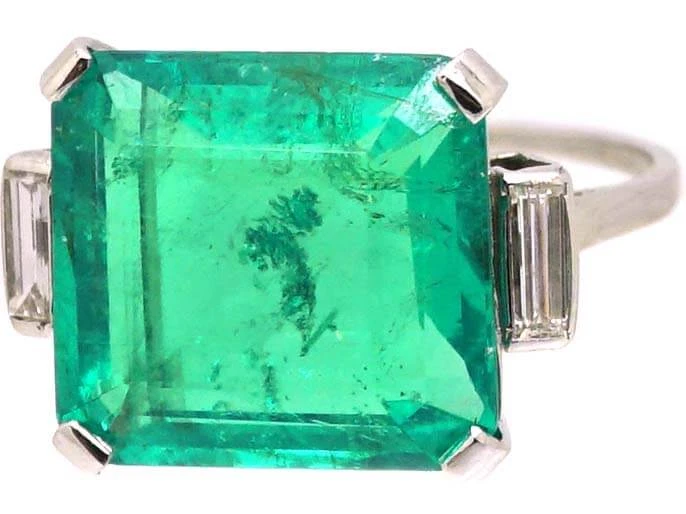Art Deco Platinum Ring Set With A Large Colombian Emerald With Diamond Baguette Shoulders 8 Art Deco Platinum Ring Set With A Large Colombian Emerald With Diamond Baguette Shoulders - Image 6