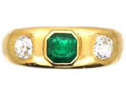 Edwardian 18ct Gold, Emerald & Diamond Three Stone Rub Over Set Ring 10 Edwardian 18ct Gold, Emerald & Diamond Three Stone Rub Over Set Ring -Antique Jewellery Company DSC04981.jpg