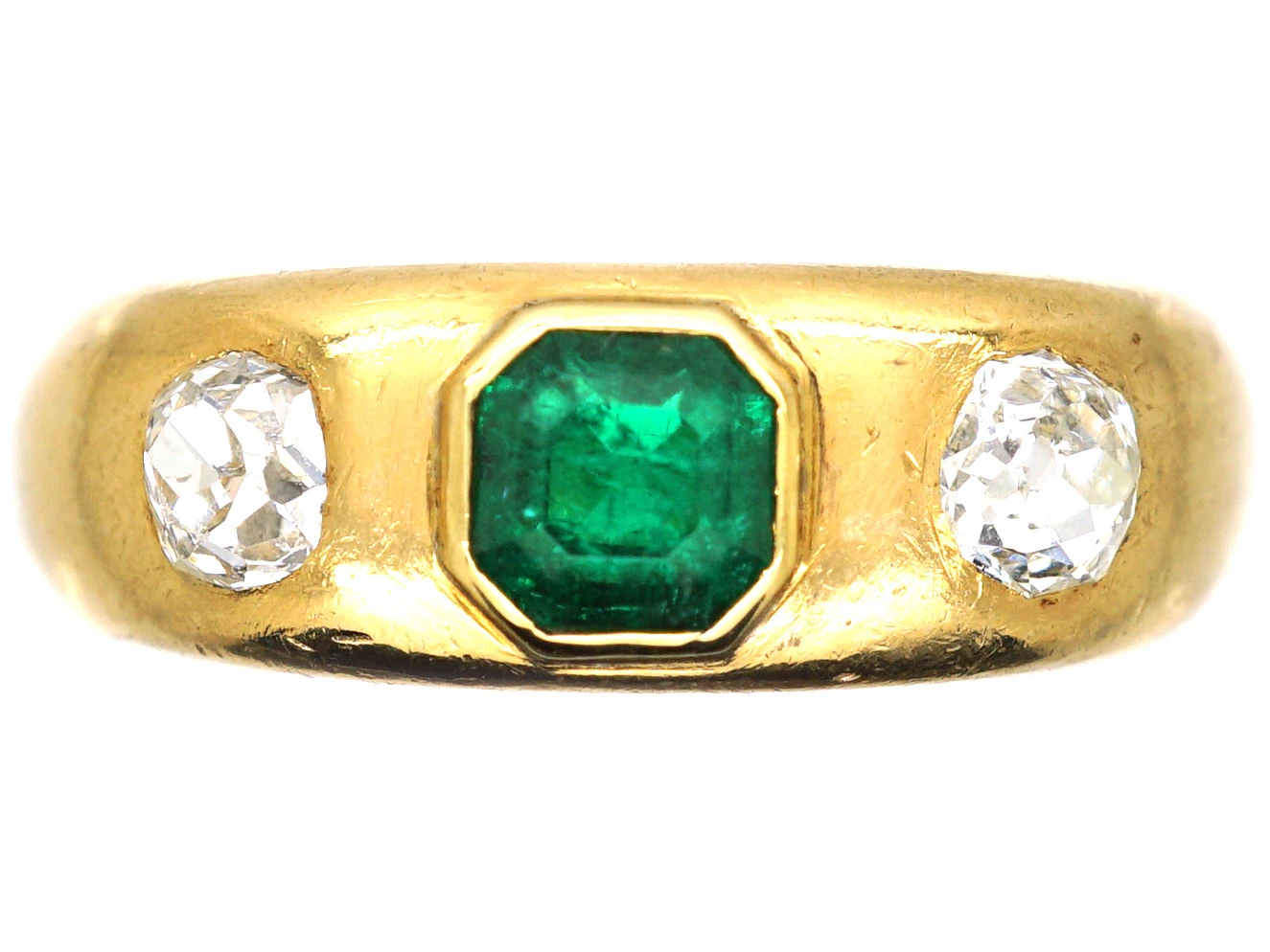 Edwardian 18ct Gold, Emerald & Diamond Three Stone Rub Over Set Ring 3 Edwardian 18ct Gold, Emerald & Diamond Three Stone Rub Over Set Ring