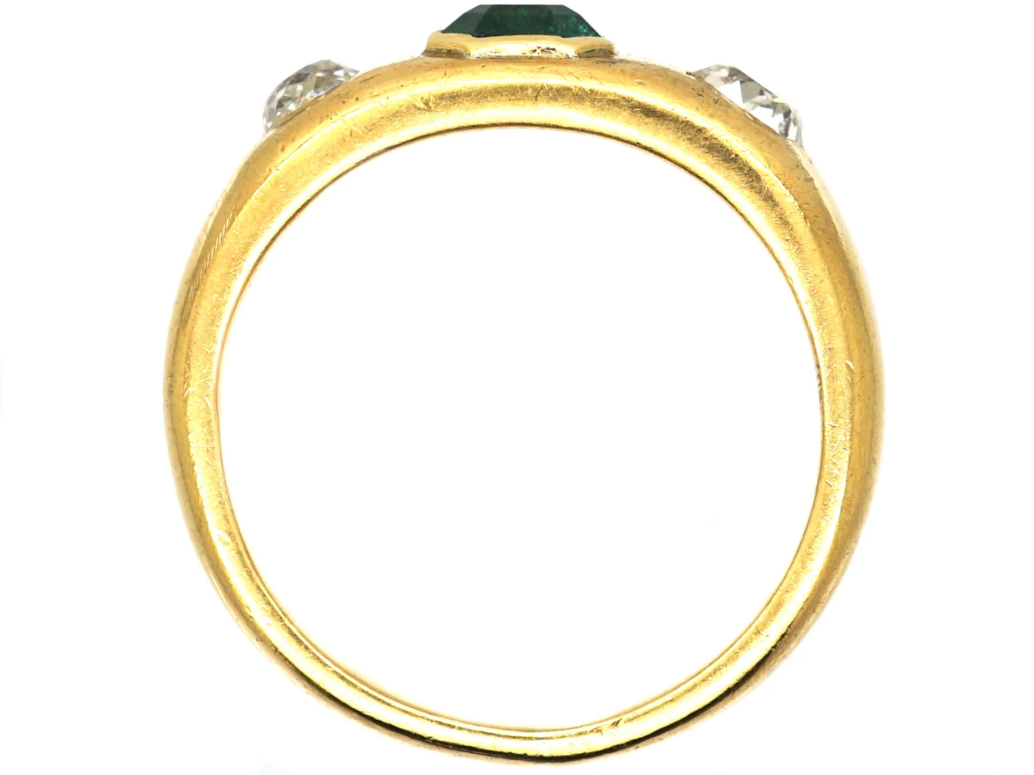 Edwardian 18ct Gold, Emerald & Diamond Three Stone Rub Over Set Ring 5 Edwardian 18ct Gold, Emerald & Diamond Three Stone Rub Over Set Ring - Image 3