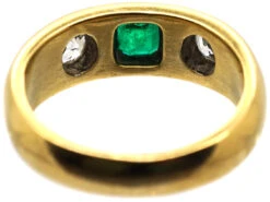 Edwardian 18ct Gold, Emerald & Diamond Three Stone Rub Over Set Ring 12 Edwardian 18ct Gold, Emerald & Diamond Three Stone Rub Over Set Ring -Antique Jewellery Company DSC04993