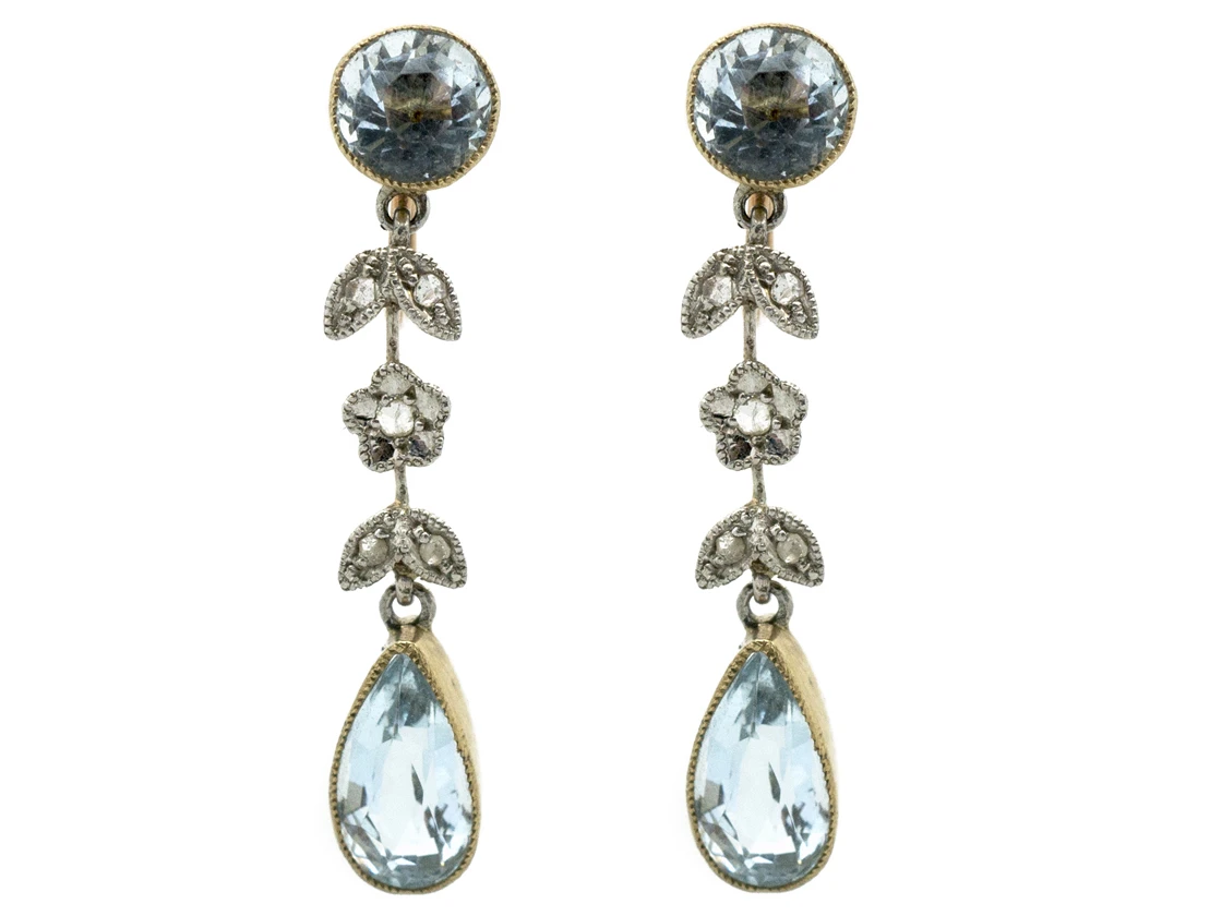 Edwardian Aquamarine & Rose Diamond Drop Earrings 3 Edwardian Aquamarine & Rose Diamond Drop Earrings