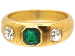 Edwardian 18ct Gold, Emerald & Diamond Three Stone Rub Over Set Ring 15 Edwardian 18ct Gold, Emerald & Diamond Three Stone Rub Over Set Ring -Antique Jewellery Company DSC05014