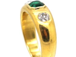 Edwardian 18ct Gold, Emerald & Diamond Three Stone Rub Over Set Ring 14 Edwardian 18ct Gold, Emerald & Diamond Three Stone Rub Over Set Ring -Antique Jewellery Company DSC05023