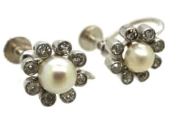 Edwardian 18ct White Gold, Natural Pearl & Diamond Daisy Earrings -Antique Jewellery Company DSC05047