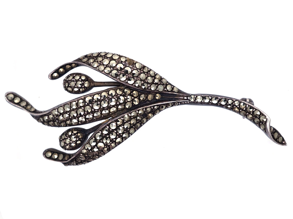 Art Deco Silver & Marcasite Leaf & Bud Brooch 3 Art Deco Silver & Marcasite Leaf & Bud Brooch