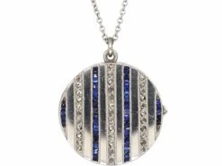 Art Deco Round Platinum Locket Set With Rose Diamonds & Sapphires On Platinum Chain