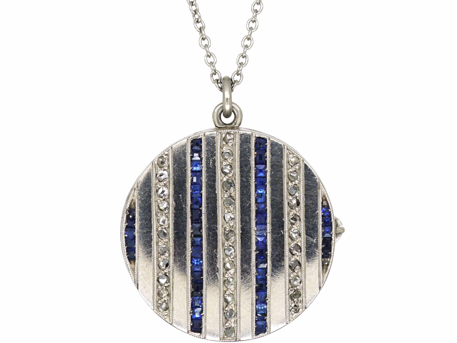 Art Deco Round Platinum Locket Set With Rose Diamonds & Sapphires On Platinum Chain 3 Art Deco Round Platinum Locket Set With Rose Diamonds & Sapphires On Platinum Chain