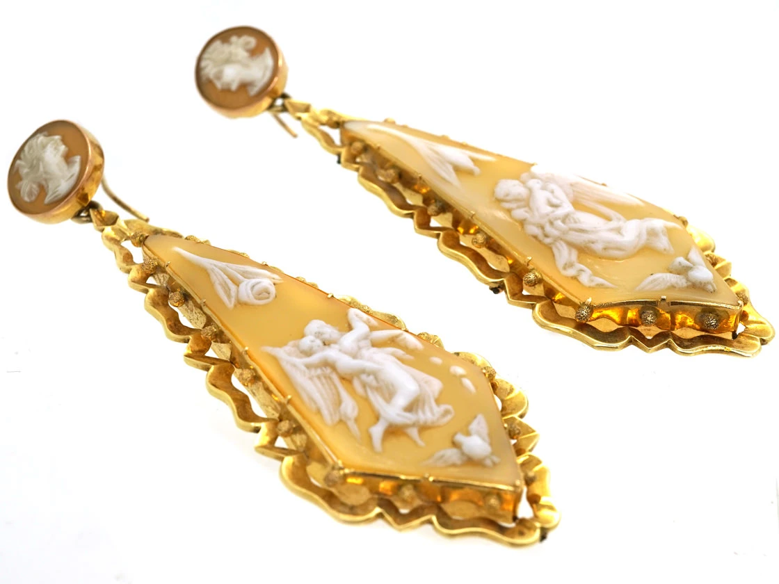 Victorian 18ct Gold Long Drop Cameo Earrings Of Guardian Angels 7 Victorian 18ct Gold Long Drop Cameo Earrings Of Guardian Angels - Image 5