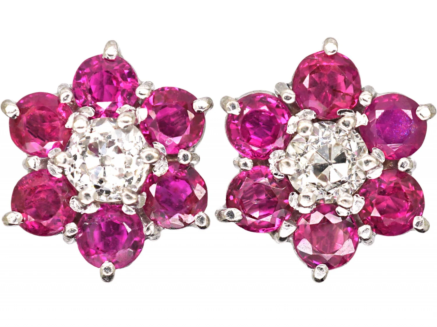 18ct White Gold, Ruby & Diamond Cluster Earrings 3 18ct White Gold, Ruby & Diamond Cluster Earrings