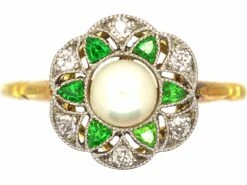 Edwardian 18ct Gold & Platinum, Green Garnet, Diamond & Natural Pearl Flower Cluster Ring