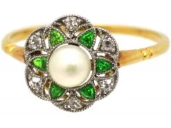 Edwardian 18ct Gold & Platinum, Green Garnet, Diamond & Natural Pearl Flower Cluster Ring -Antique Jewellery Company DSC05352 scaled 1