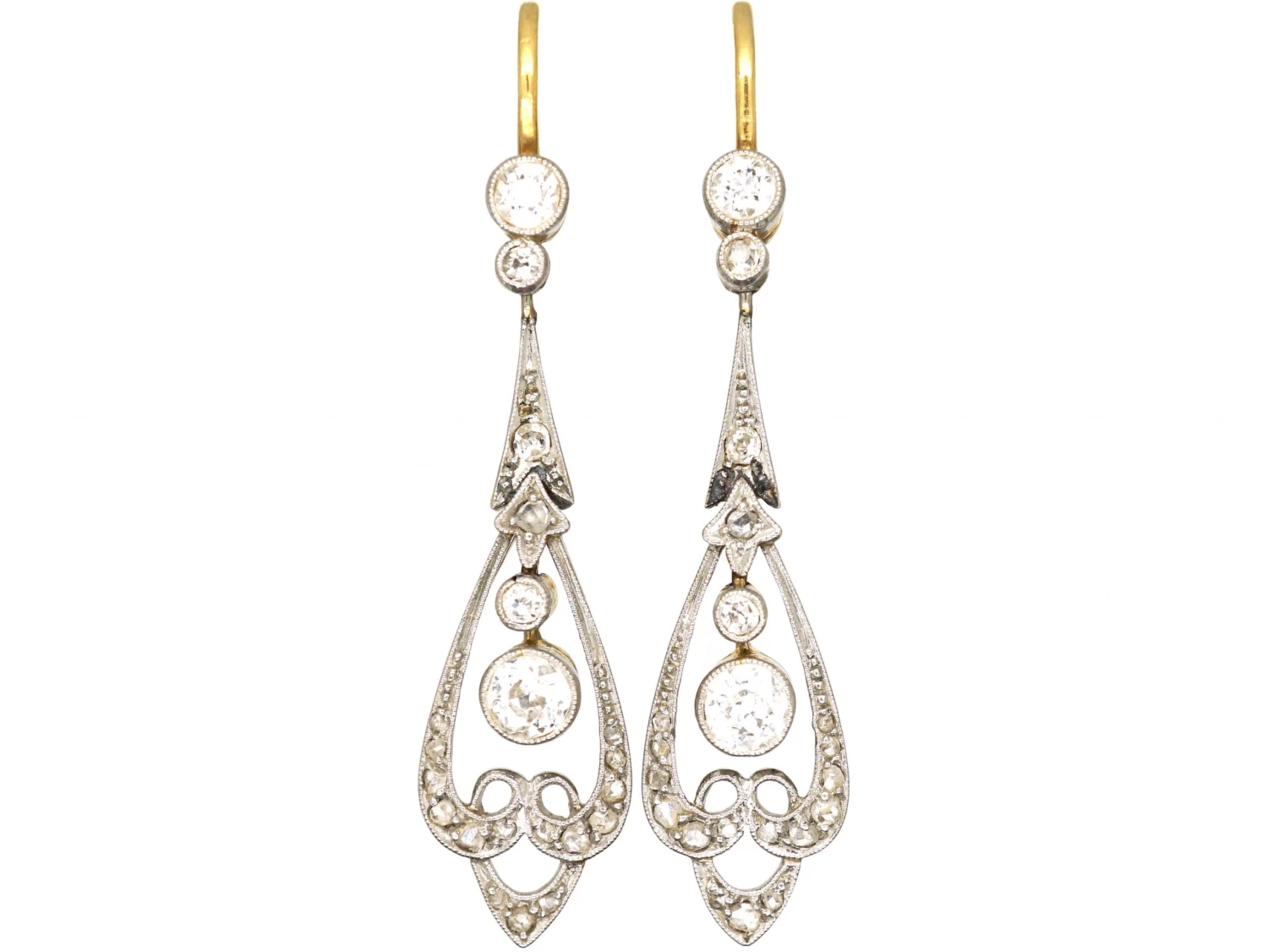 Art Nouveau 18ct Gold & Platinum, Diamond Drop Earrings 3 Art Nouveau 18ct Gold & Platinum, Diamond Drop Earrings