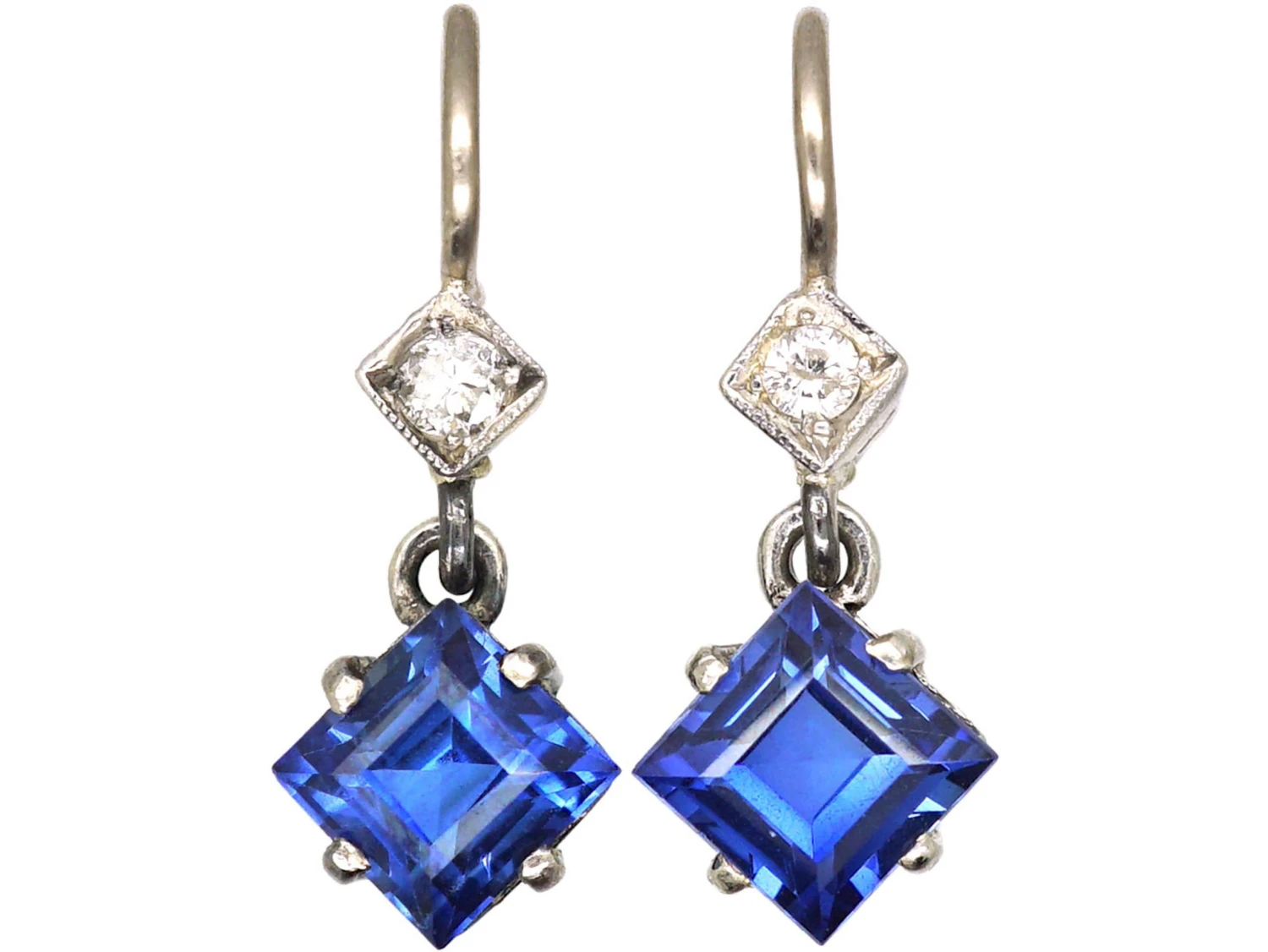 Art Deco 18ct White Gold, Diamond Shaped Sapphire & Diamond Drop Earrings 3 Art Deco 18ct White Gold, Diamond Shaped Sapphire & Diamond Drop Earrings