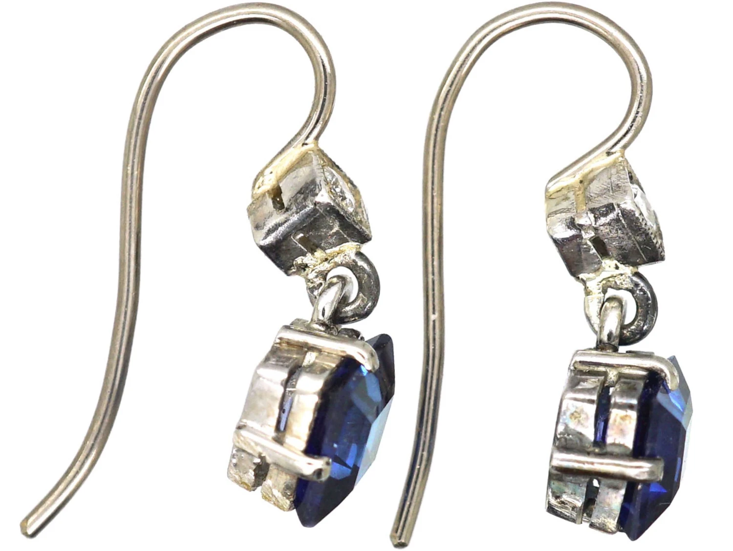 Art Deco 18ct White Gold, Diamond Shaped Sapphire & Diamond Drop Earrings 4 Art Deco 18ct White Gold, Diamond Shaped Sapphire & Diamond Drop Earrings - Image 2