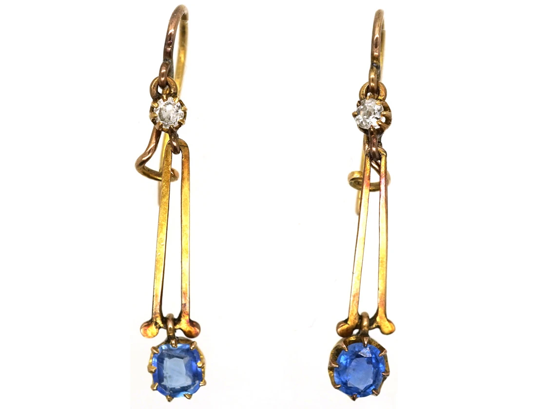 Edwardian 15ct Gold, Sapphire & Diamond Drop Earrings 3 Edwardian 15ct Gold, Sapphire & Diamond Drop Earrings