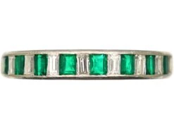 Art Deco Platinum Half Eternity Ring Set With Baguette Emeralds & Baguette Diamonds
