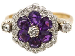 Edwardian 18ct Gold, Amethyst & Diamond Flower Cluster Ring -Antique Jewellery Company DSC05549