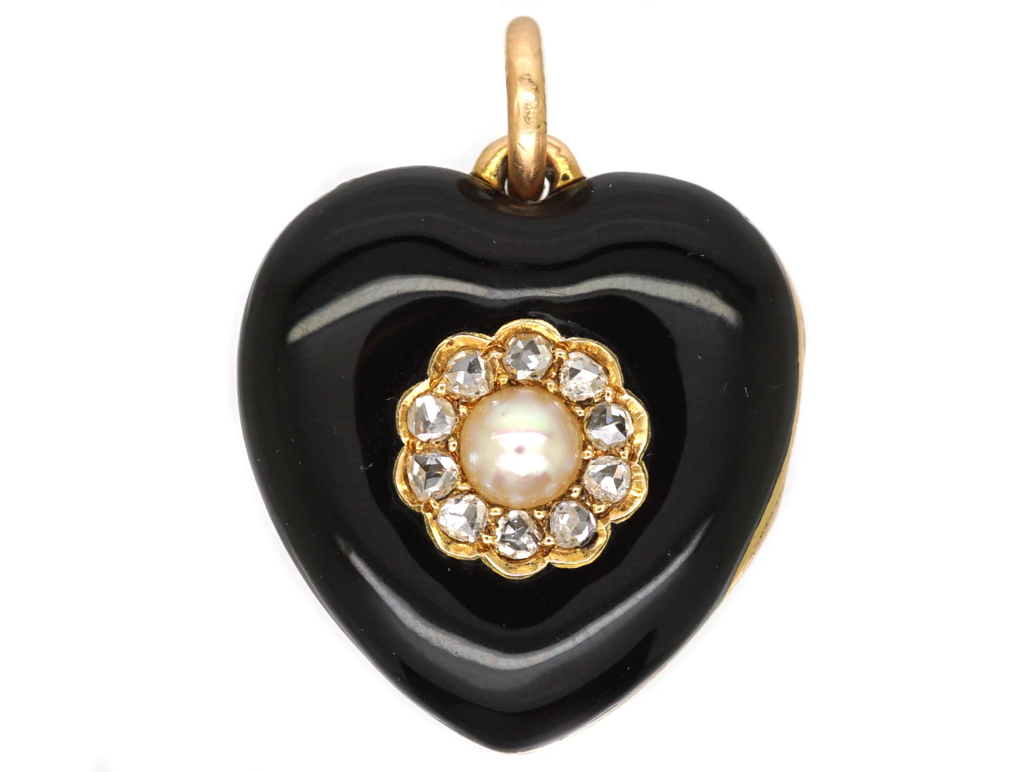 Victorian 18ct Gold & Black Enamel Heart Shaped Locket Set With A Natural Pearl & Rose Diamonds 3 Victorian 18ct Gold & Black Enamel Heart Shaped Locket Set With A Natural Pearl & Rose Diamonds