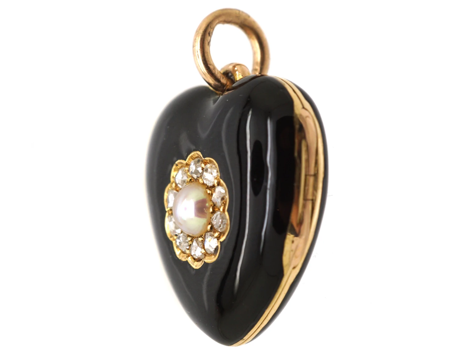 Victorian 18ct Gold & Black Enamel Heart Shaped Locket Set With A Natural Pearl & Rose Diamonds 6 Victorian 18ct Gold & Black Enamel Heart Shaped Locket Set With A Natural Pearl & Rose Diamonds - Image 4