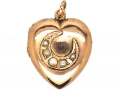 Edwardian 9ct Gold Heart Shaped Locket With Half Moon Motif Set With Natural Split Pearls