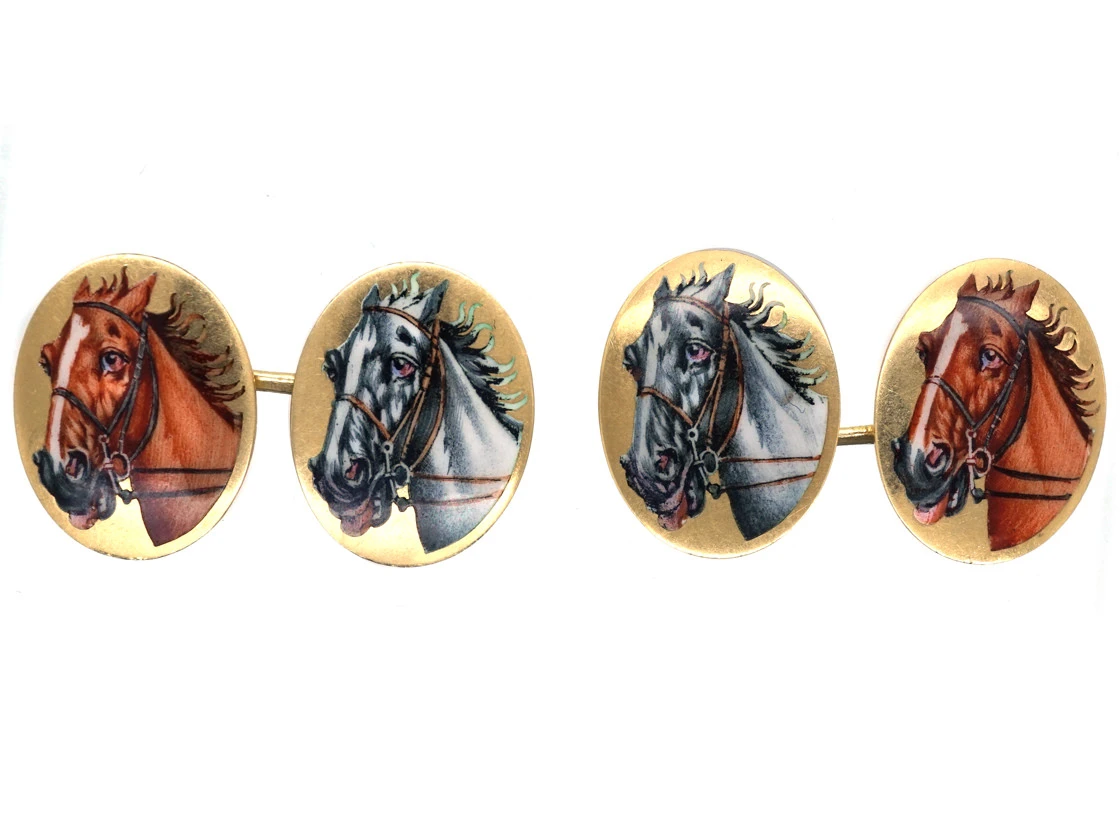 Edwardian 18ct Gold & Enamel Horse’s Head Cufflinks 3 Edwardian 18ct Gold & Enamel Horse’s Head Cufflinks