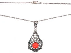 Art Deco Silver, Marcasite & Coral Pendant On A Silver Chain -Antique Jewellery Company DSC05685