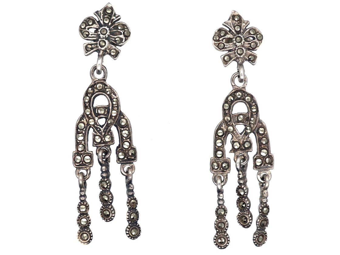 Art Deco Triple Drop Silver & Marcasite Earrings 3 Art Deco Triple Drop Silver & Marcasite Earrings