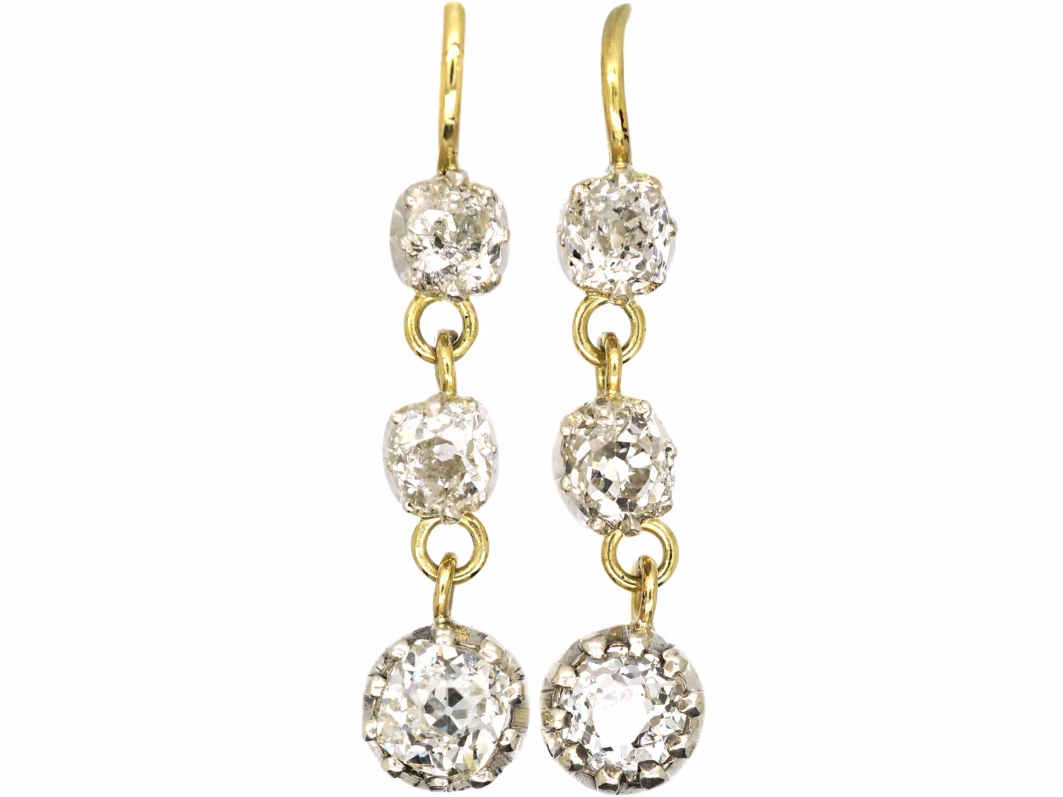 Victorian 18ct Gold Drop Earrings Set With Three Old Mine Cut Diamonds 3 Victorian 18ct Gold Drop Earrings Set With Three Old Mine Cut Diamonds