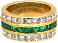 French 18ct Gold Three Row Emerald & Diamond Ring -Antique Jewellery Company DSC05756