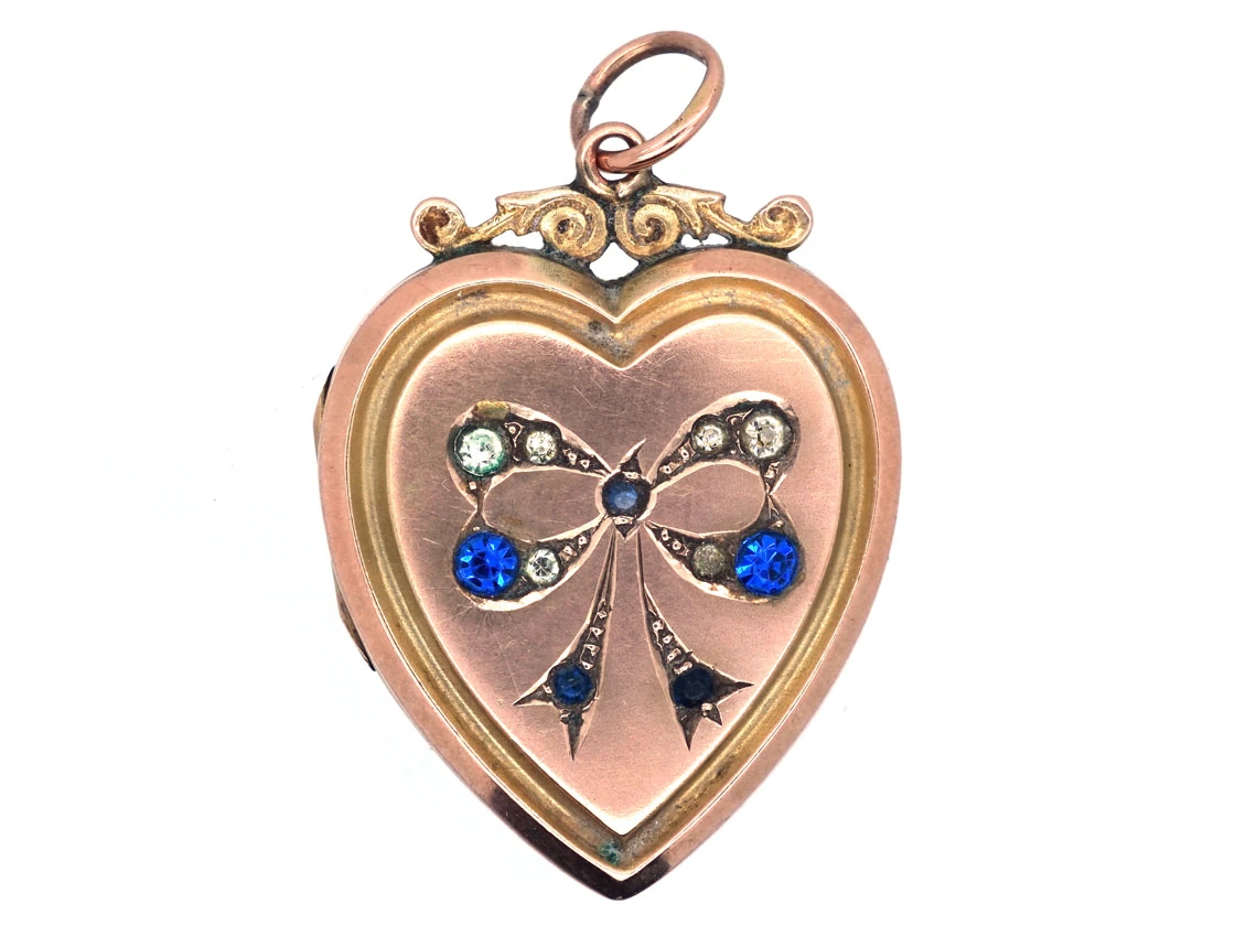 Edwardian 9ct Gold Back & Front Heart Locket With Paste Set Bow Motif 3 Edwardian 9ct Gold Back & Front Heart Locket With Paste Set Bow Motif