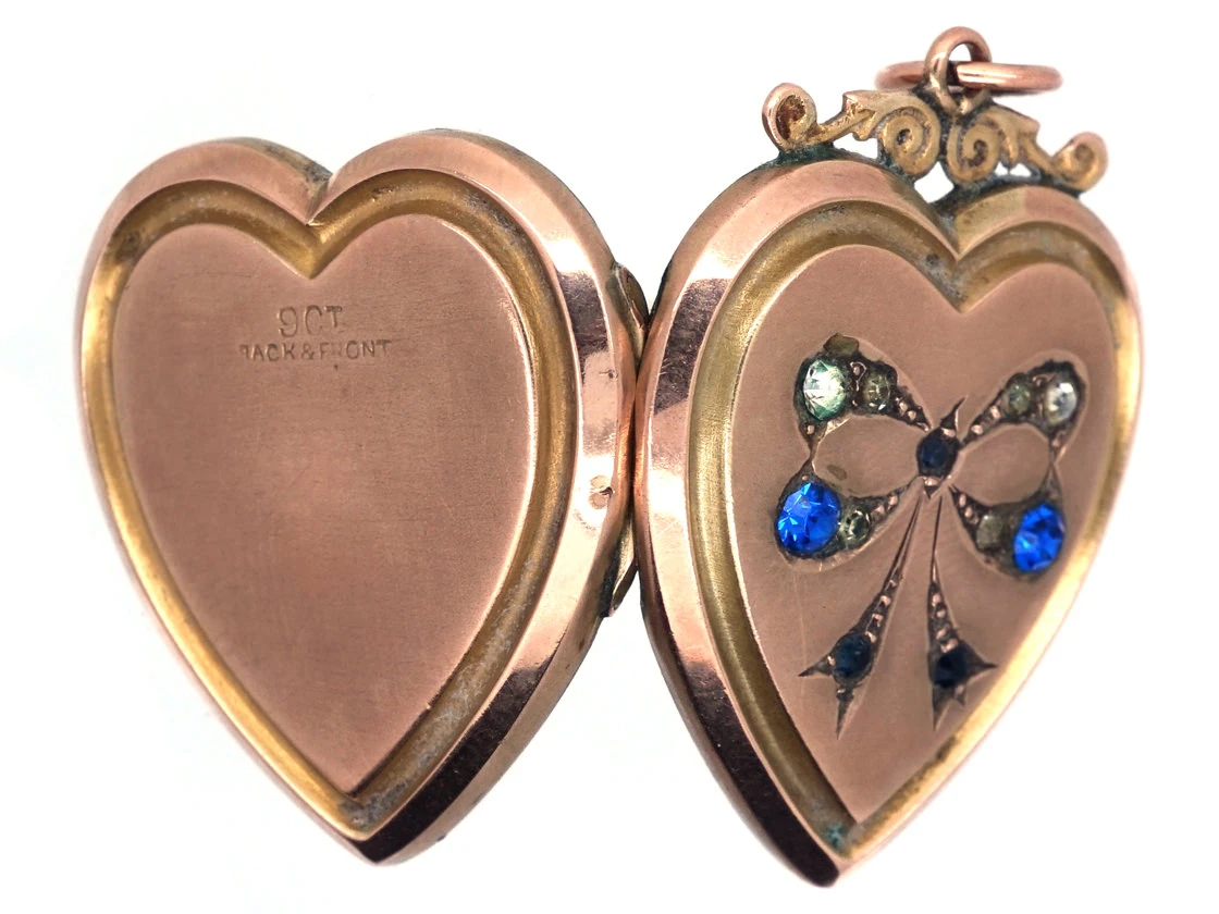 Edwardian 9ct Gold Back & Front Heart Locket With Paste Set Bow Motif 4 Edwardian 9ct Gold Back & Front Heart Locket With Paste Set Bow Motif - Image 2