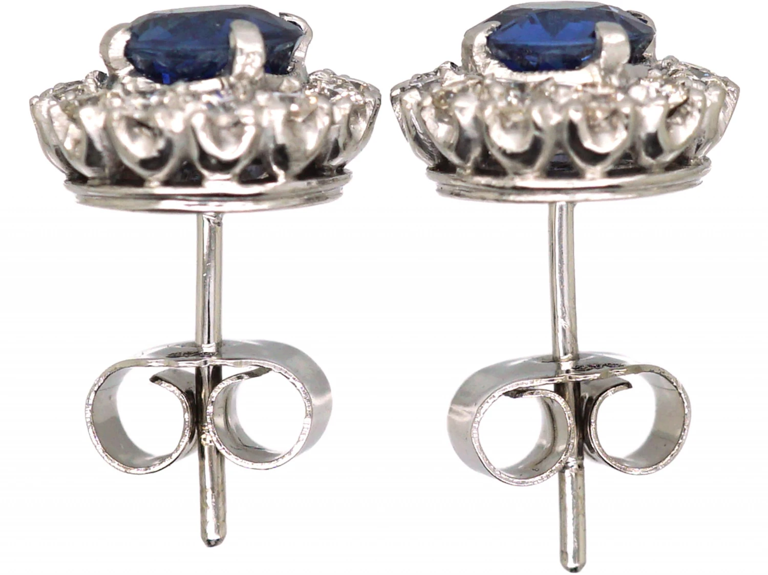 Early 20th Century 18ct White Gold, Sapphire & Diamond Cluster Earrings 4 Early 20th Century 18ct White Gold, Sapphire & Diamond Cluster Earrings - Image 2
