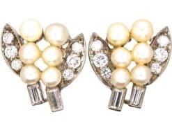 Art Deco 18ct White Gold Earrings Set With Natural Pearls & Diamonds