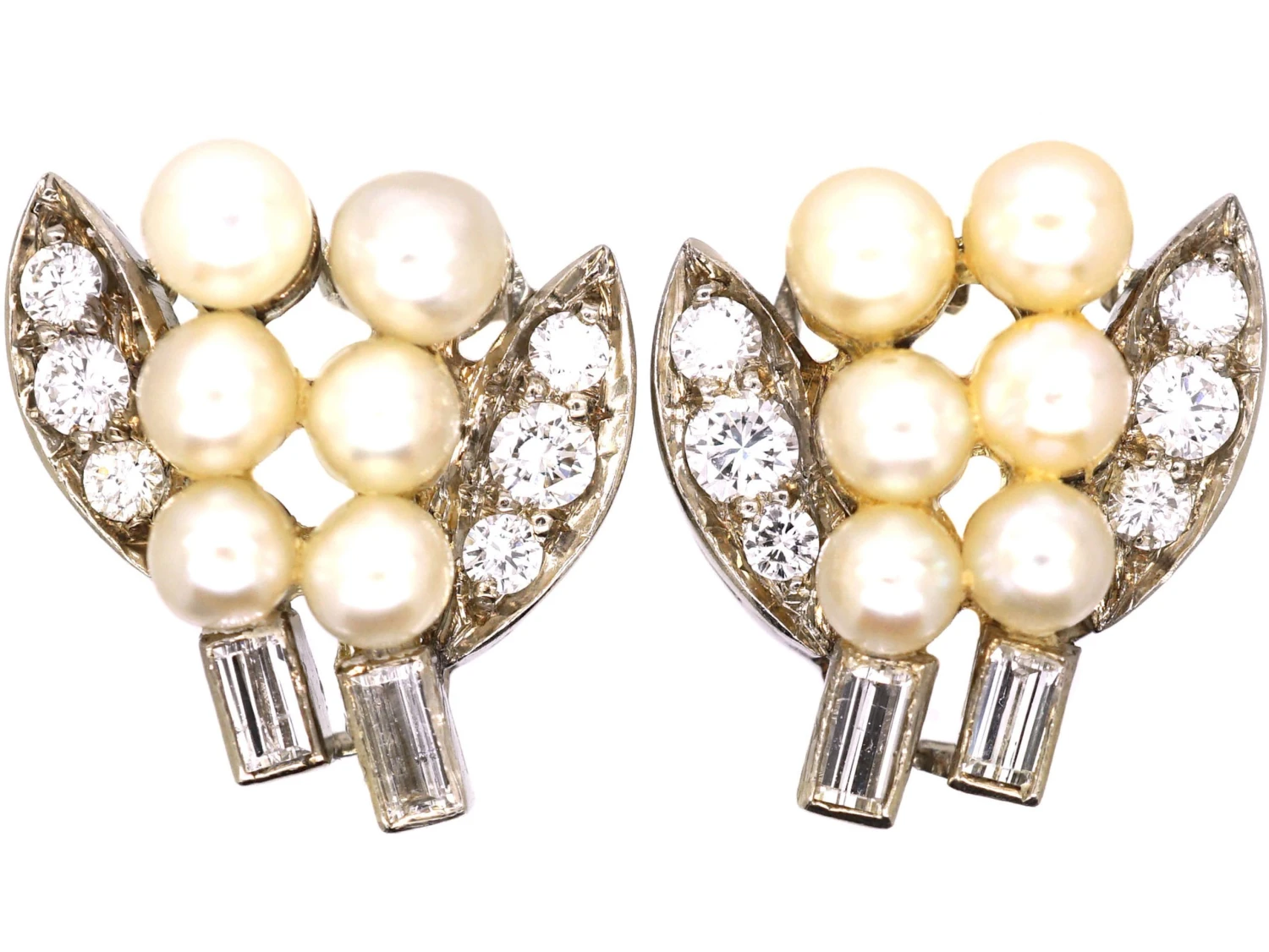 Art Deco 18ct White Gold Earrings Set With Natural Pearls & Diamonds 3 Art Deco 18ct White Gold Earrings Set With Natural Pearls & Diamonds