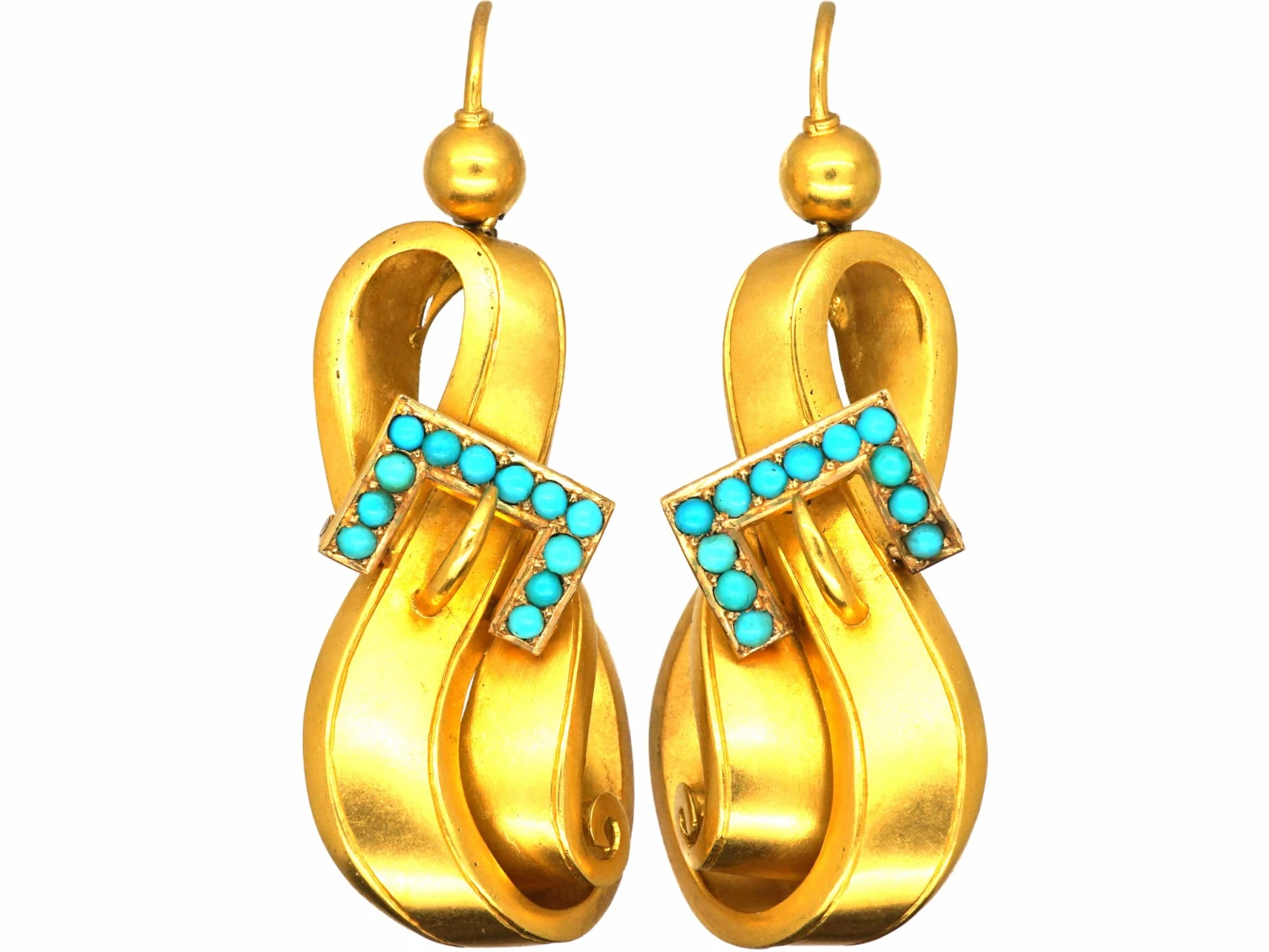 Victorian 15ct Gold Coil Drop Earrings With Turquoise Buckle Motifs 3 Victorian 15ct Gold Coil Drop Earrings With Turquoise Buckle Motifs
