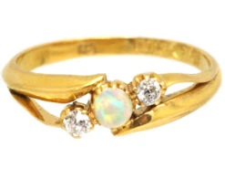 Victorian 18ct Gold Crossover Ring Set With An Opal & Two Diamonds -Antique Jewellery Company DSC05847 Recovered
