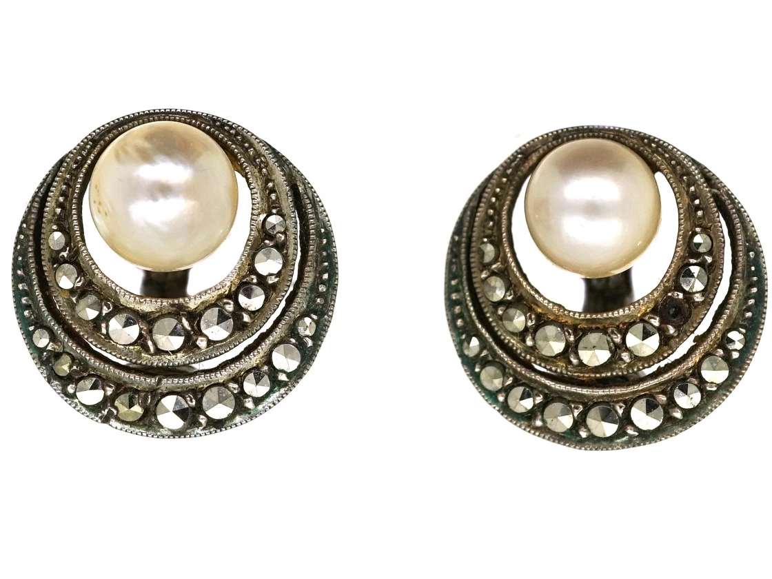 Art Deco Silver, Marcasite & Pearl Clip On Earrings 3 Art Deco Silver, Marcasite & Pearl Clip On Earrings