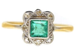 Art Deco 18ct Gold, Platinum, Emerald & Diamond Square Ring