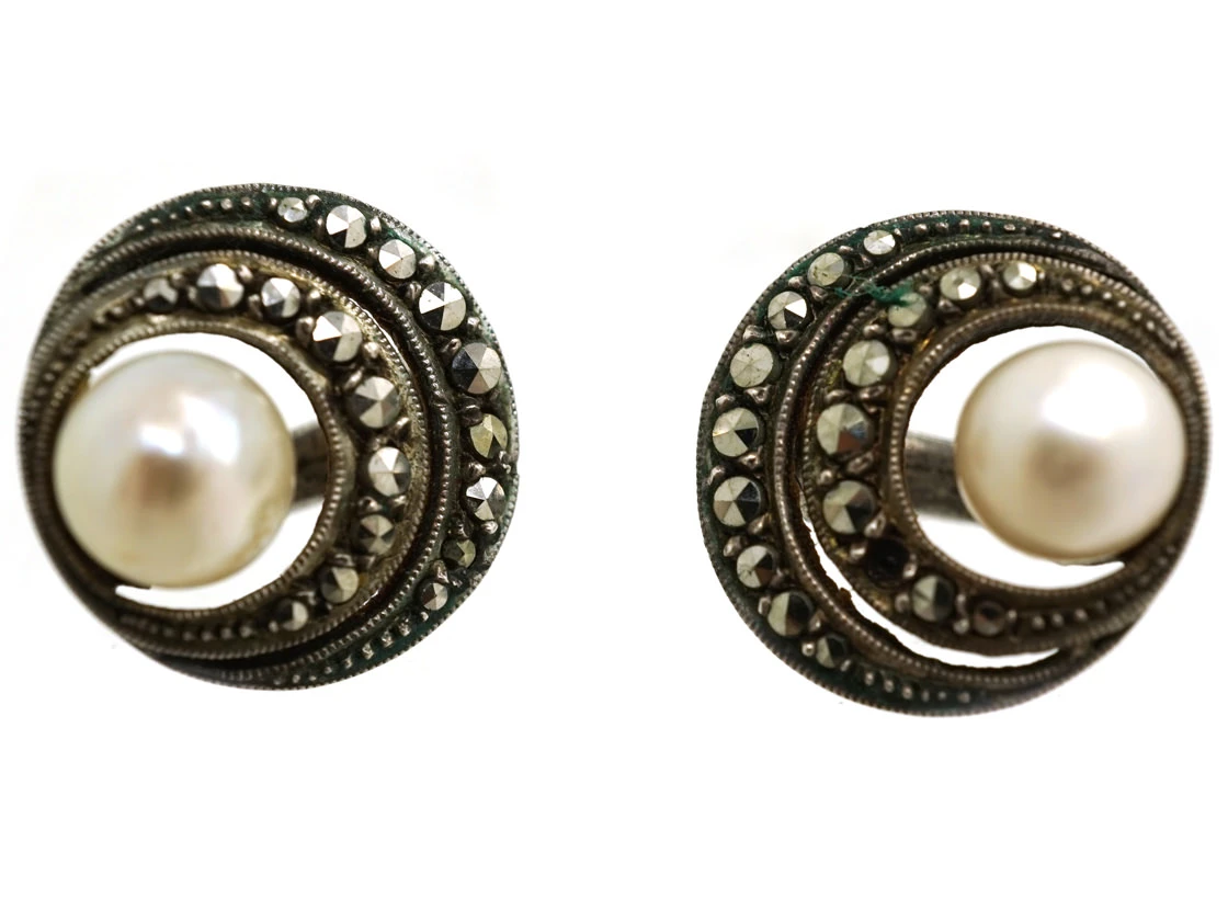 Art Deco Silver, Marcasite & Pearl Clip On Earrings 4 Art Deco Silver, Marcasite & Pearl Clip On Earrings - Image 2